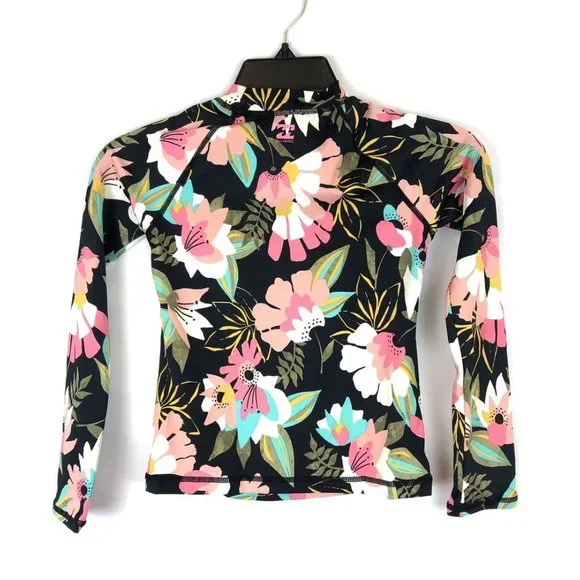 Billabong Girl’s Night Bloom Black Floral Rashguard Swimwear Set, Size 8